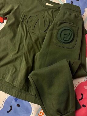 Fendi Olive Green Embossed Logo Sweatshirt and Joggers